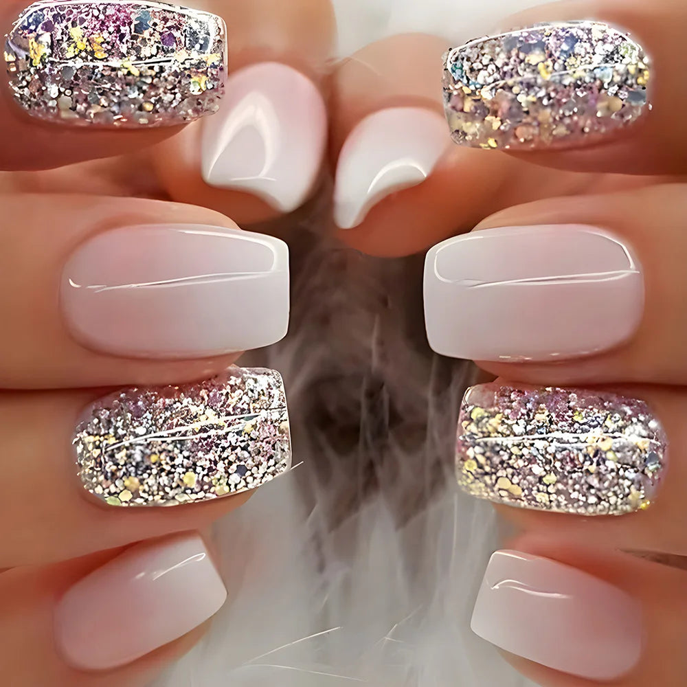 24pcs/set Glitter fake nails for women girls super flash sparkling gradient pink black tips faux ongles press on false nail art