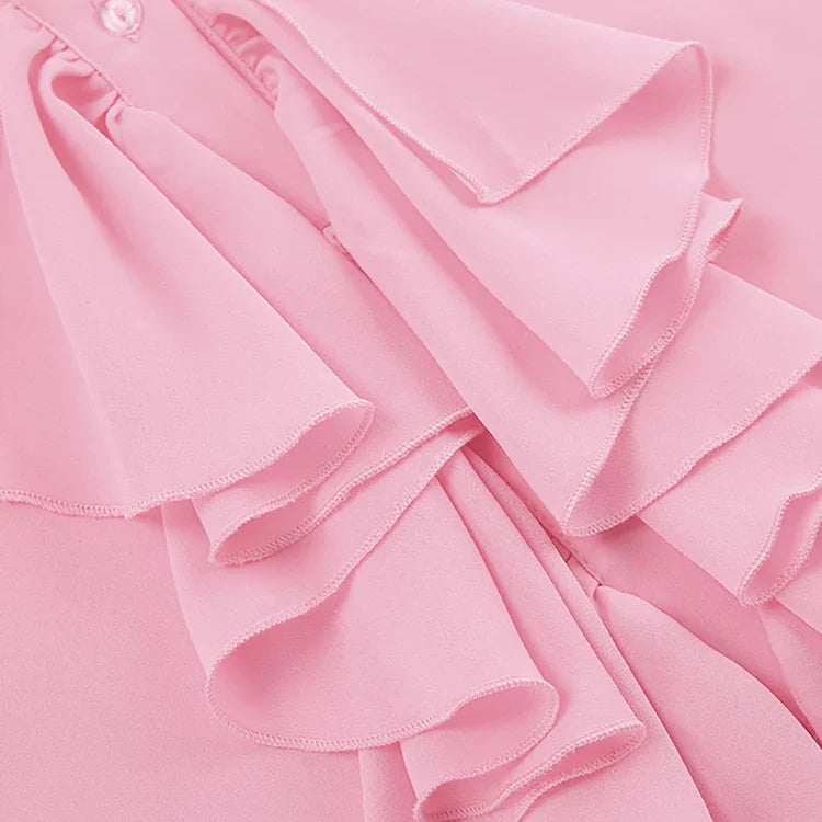 Mnealways18 Chiffon White Ruffled Shirts For Women Flare Sleeve Oversize Laminated Flounces Elegant Blouses And Tops Spring 2024