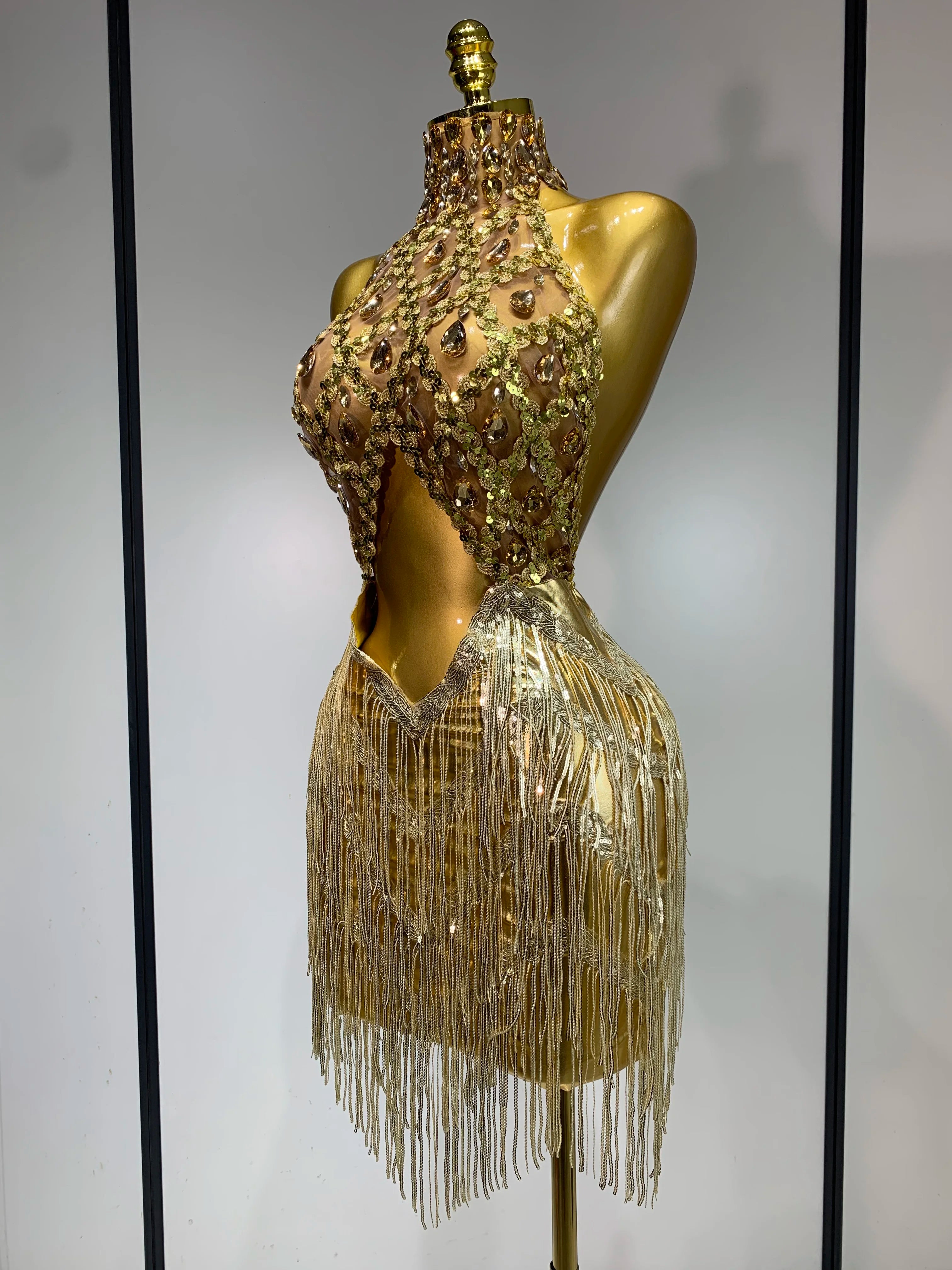 Women Birthday Party Rhinestones Tassels Transparent Short Dress Dance Show 2025 Sexy Fashion Gold Sparkly Stage Costume