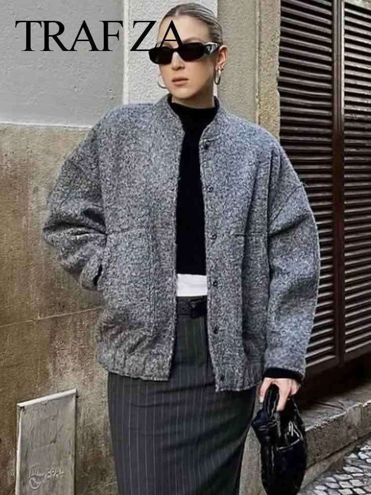 Women Elegant Solid Coat Button Long Sleeve Pocket Bomber Jacket Autumn Winter Female Casual Loose Streetwear Coats