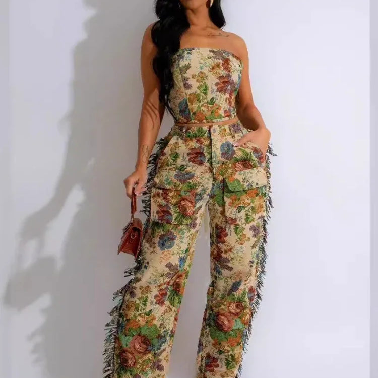 CM.YAYA Fashion Print Women's Set Strapless Top and Wide Leg tassel Pants Summer Cargo Street Two 2 Piece Set Outfit Tracksuit