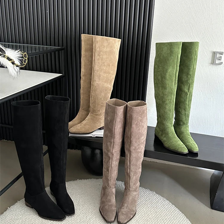 Low Heel Pleated Boots Autumn Winter New Square Head Knee Length Long Boots Suede Women's Shoes Black Beige Green Gray