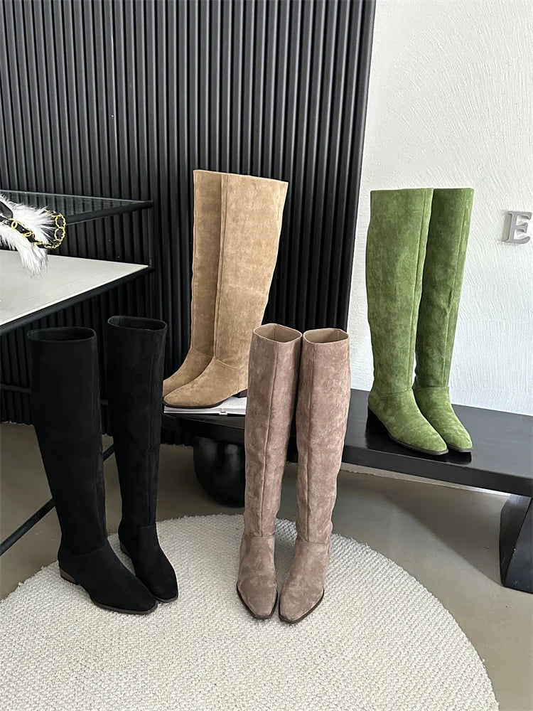 Low Heel Pleated Boots Autumn Winter New Square Head Knee Length Long Boots Suede Women's Shoes Black Beige Green Gray