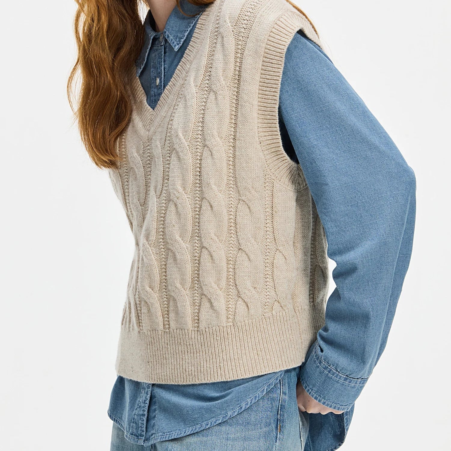 FSLE Elegant Style Cable Knitted Cardigan Sweater Vest Suit New Design Polo Collar Pullover Sweater For Women Officelady Vest