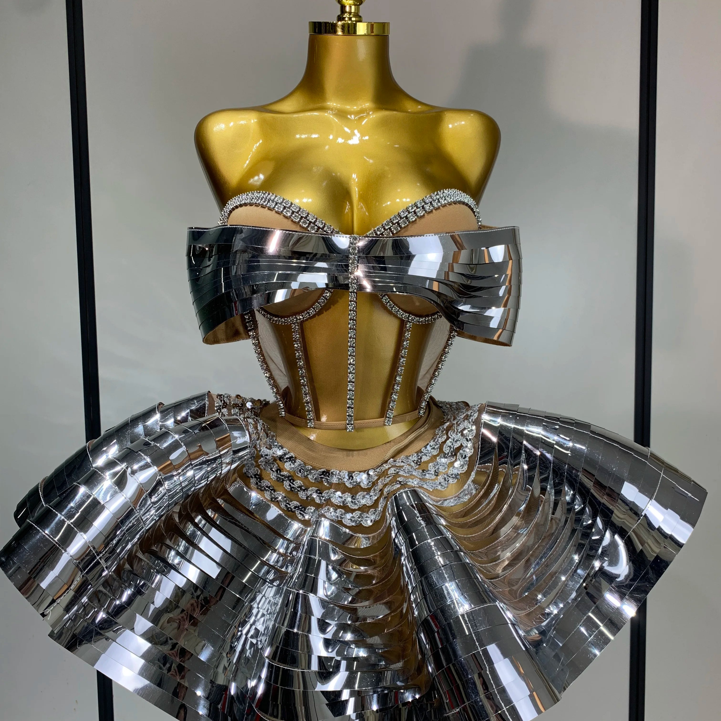 Women Stage Performance Costume Two Piece Set Silver Sequins Rhinestone Fancy Outfit Sexy Backless Shiny Birthday Party Dresses