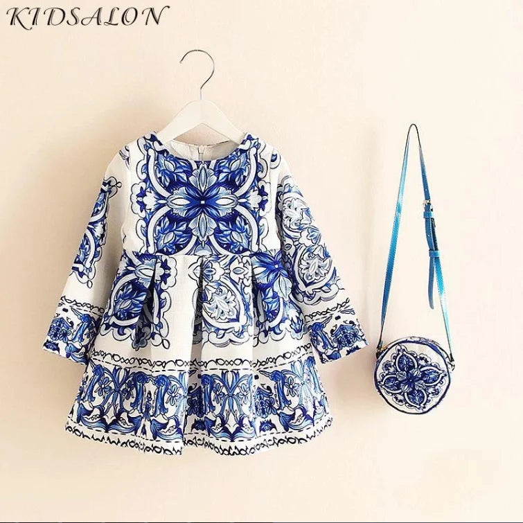 Long Sleeve Dress Girl Dress 2024 Autumn Winter Floral Print Toddler Girl Dresses Kids Clothes Children Dress with Bag 083