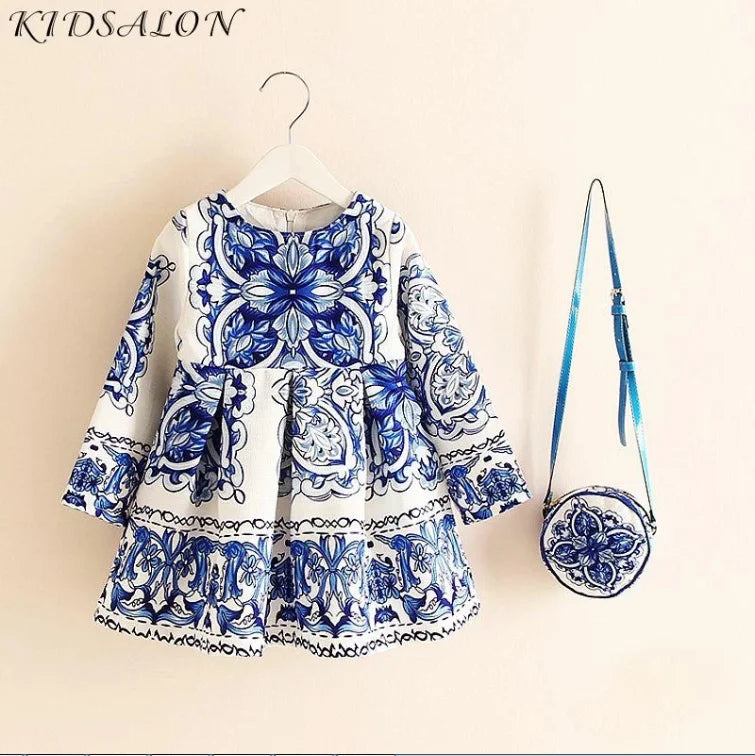 Long Sleeve Dress Girl Dress 2024 Autumn Winter Floral Print Toddler Girl Dresses Kids Clothes Children Dress with Bag 083