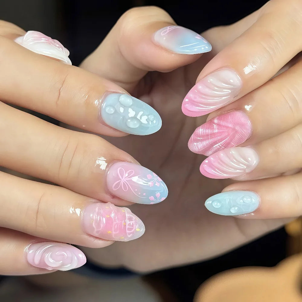 24pcs/set Medium fake nails for women girls 3D embossed flowers butterfly shell designs Summer almond tips press on false nail