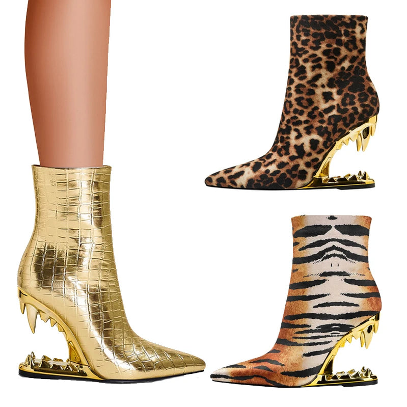 Botas curtas em formato de dente de tigre, outono inverno, novo, sexy, estampa de leopardo, salto cunha, crocodilo, sapatos femininos, tamanho grande 