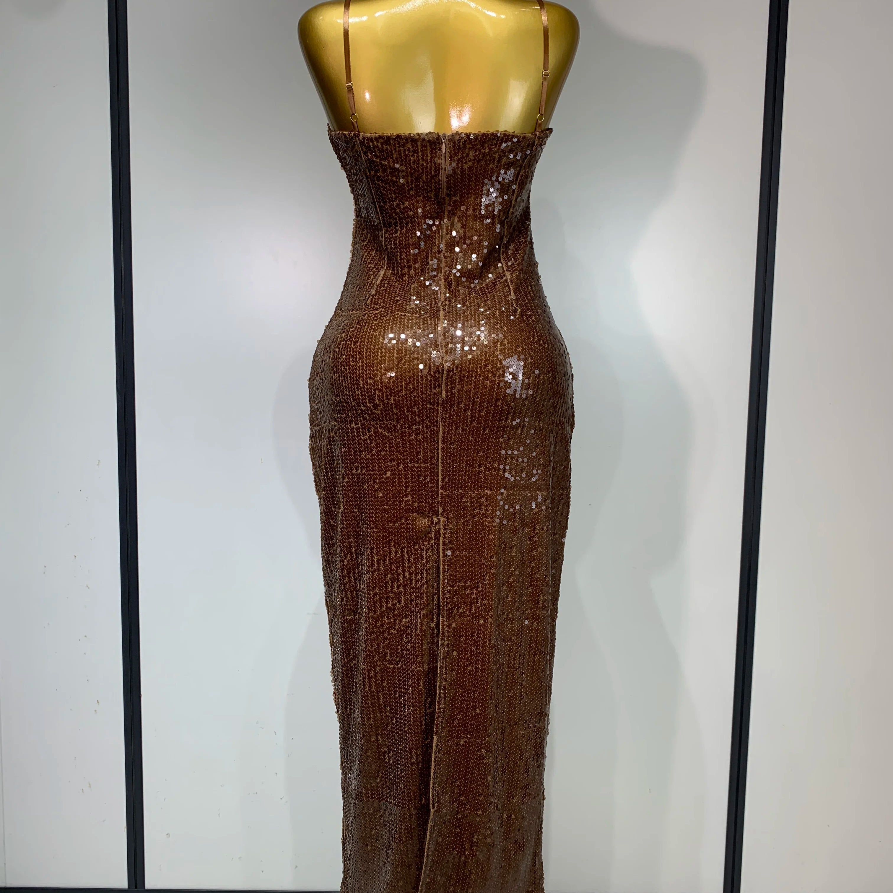 Women Luxury Sexy Sleeveless Backless Mesh Sequins Flower Brown Bodycon Maxi Dress Club Elegant Celebrity  Evening Party Dress
