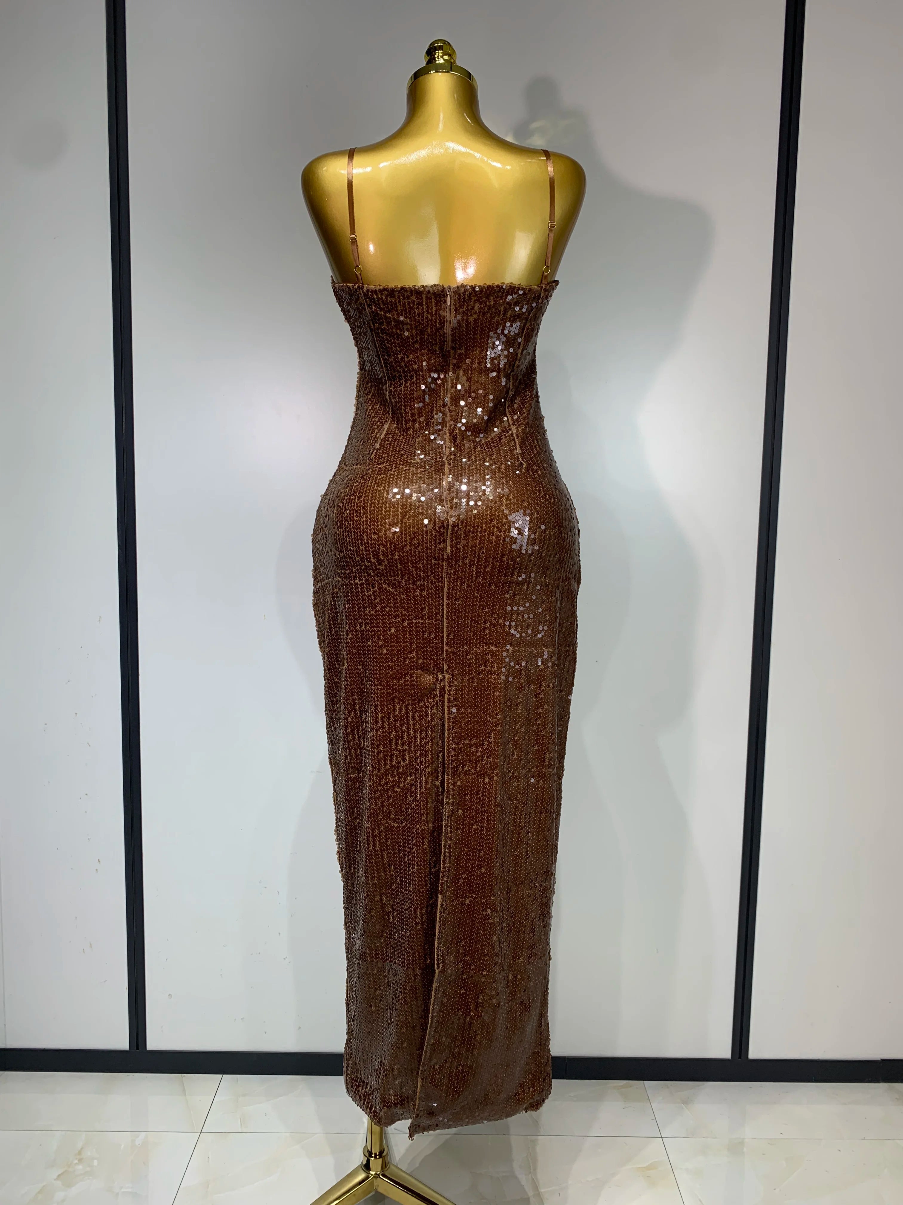 Women Luxury Sexy Sleeveless Backless Mesh Sequins Flower Brown Bodycon Maxi Dress Club Elegant Celebrity  Evening Party Dress