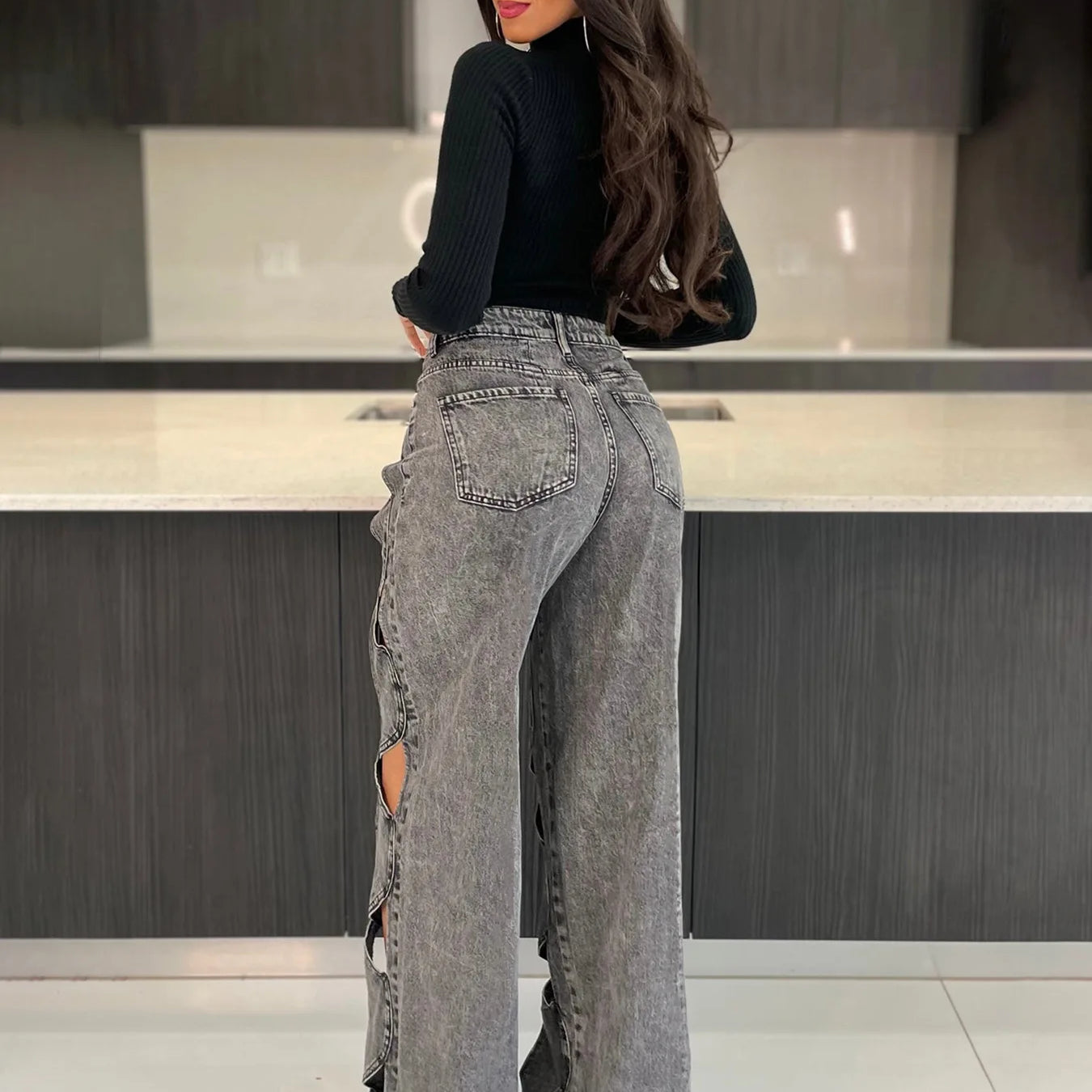 CM.YAYA Women Vintage Cutout Hollow Out Criss Cross Straight Denim Pants 2024 Fashion INS High Waist Wide Leg Jeans Trousers