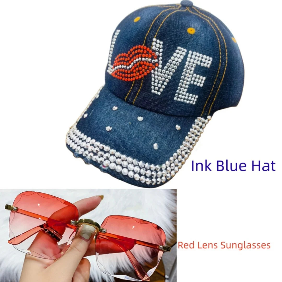 Fashion Sunglasses+Rhinestone Hat Butterfly / Star / Crown/Love Denim Baseball Spring Summer Outdoor Hat Peaked Cap LOVE Hat Ink Blue