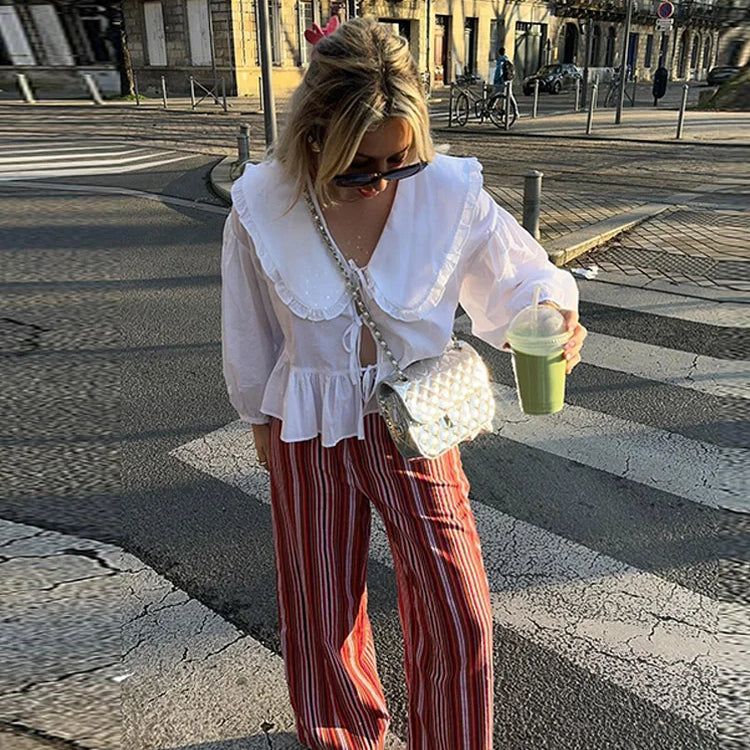 Chic Lace Up Pleated Women Shirts Blouses Lantern Sleeve White Female Streetwear Loose Spring Summer Lapel Elegant Lady Top