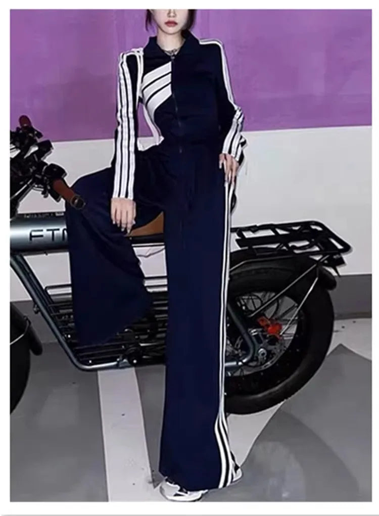 Striped Sports Set Women's Autumn/Winter Fashion Contrast Color Zipper Coat Long Sleeve Casual Wide Leg Pants Two Piece Set