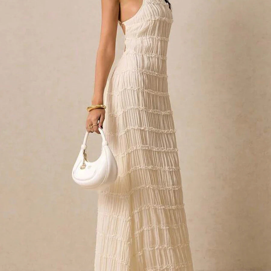 Slimming Sheer Spliced Striped Casual Dresses for Women Halter Neck Sleeveless Backless Dress Female Fashion New