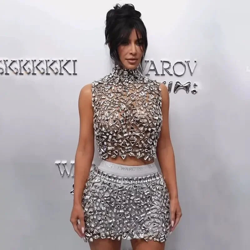 High Quality Sparkling Diamonds Sexy See Through Blackless Tank Top And  Skirt 2 Pieces Woman Set Birthday Party Vestido