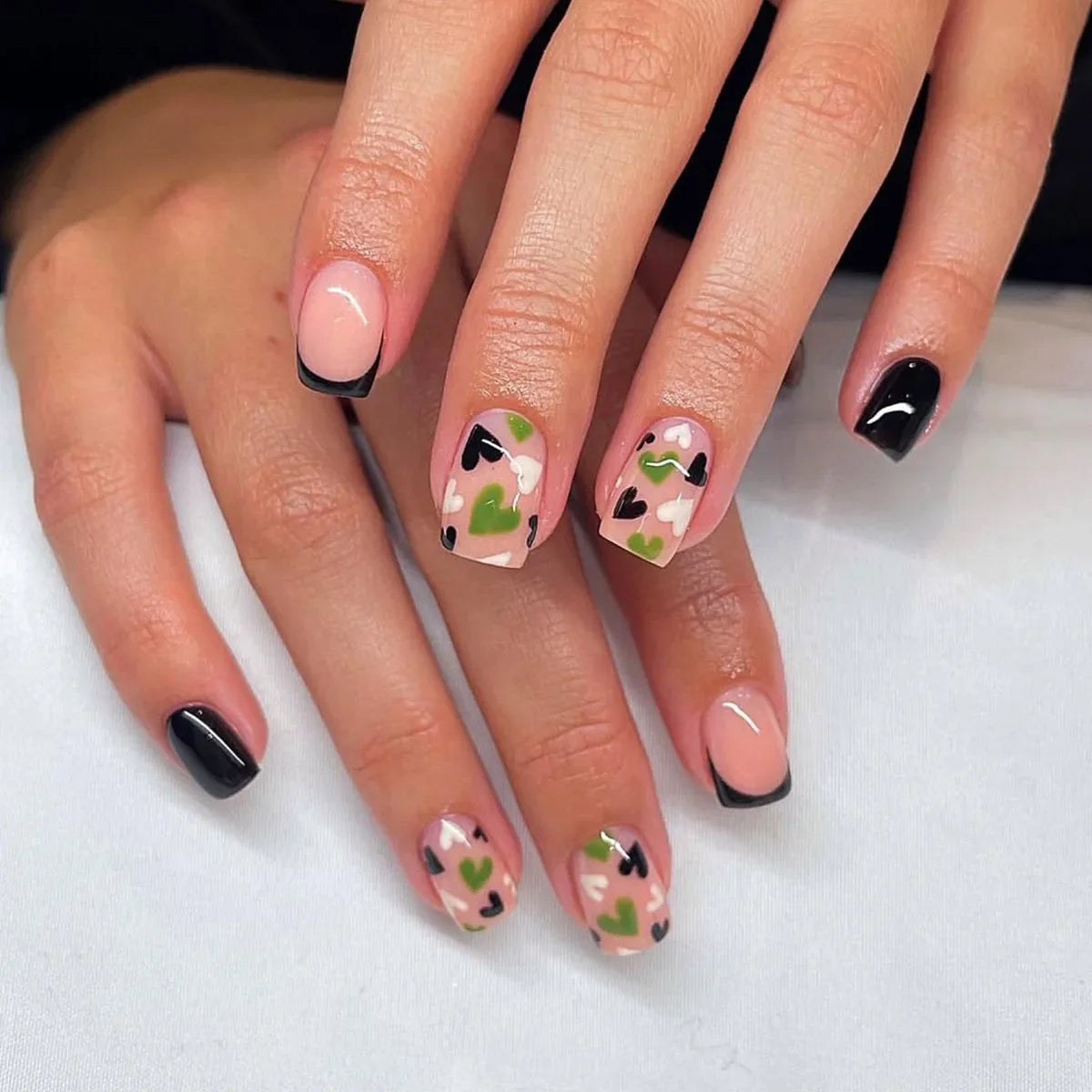 Short Square Fake Nails 24Pcs Nude Color Press On Nails Colorful Love Heart Printed Women Girls Valentine's Day Charm Manicure