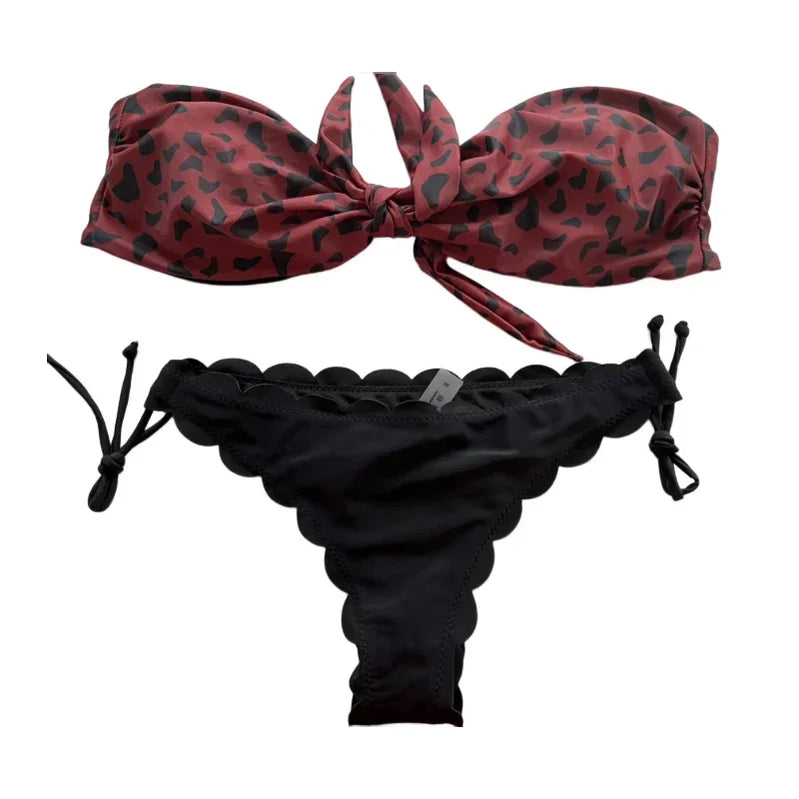 Beach Bikini Woman Sexy Front Lace Up Tie Strapless Leopard Swimsuit Female Push Up Ruffled Bow Bathing Suit Thong Swimwear wine red
