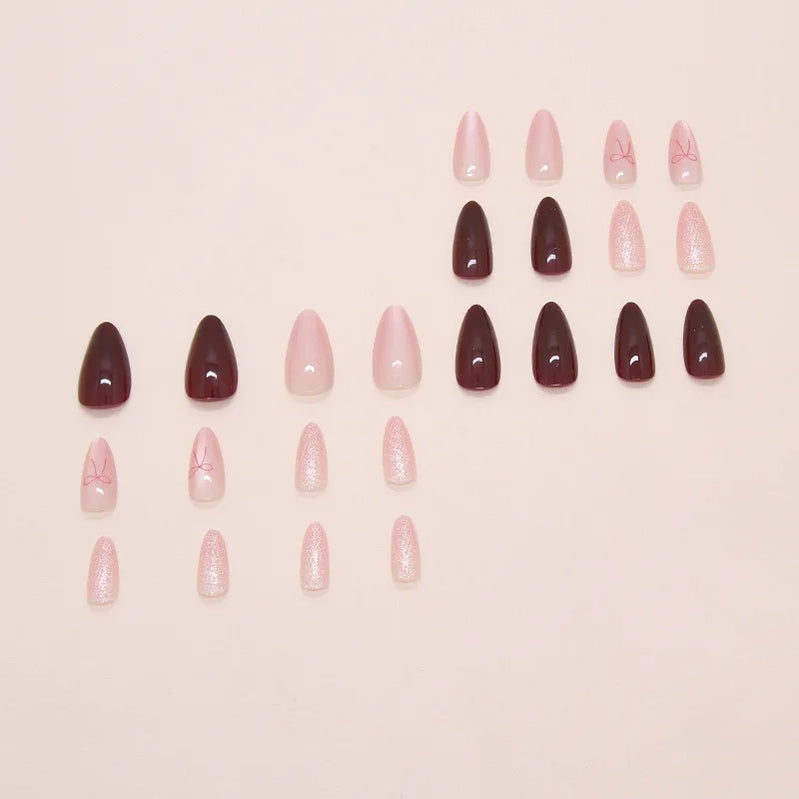 24pcs Cat's Eye Red Bow Press on Nails Almond French Fake Nails Full Cover Wearable False Nails