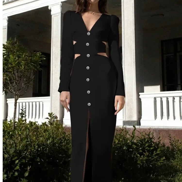 Women Winter Bandage Dress 2022 Sexy V Neck Long Sleeve Cut Out White Diamonds Midi Elegant Evening Party Club Dress Vestidos