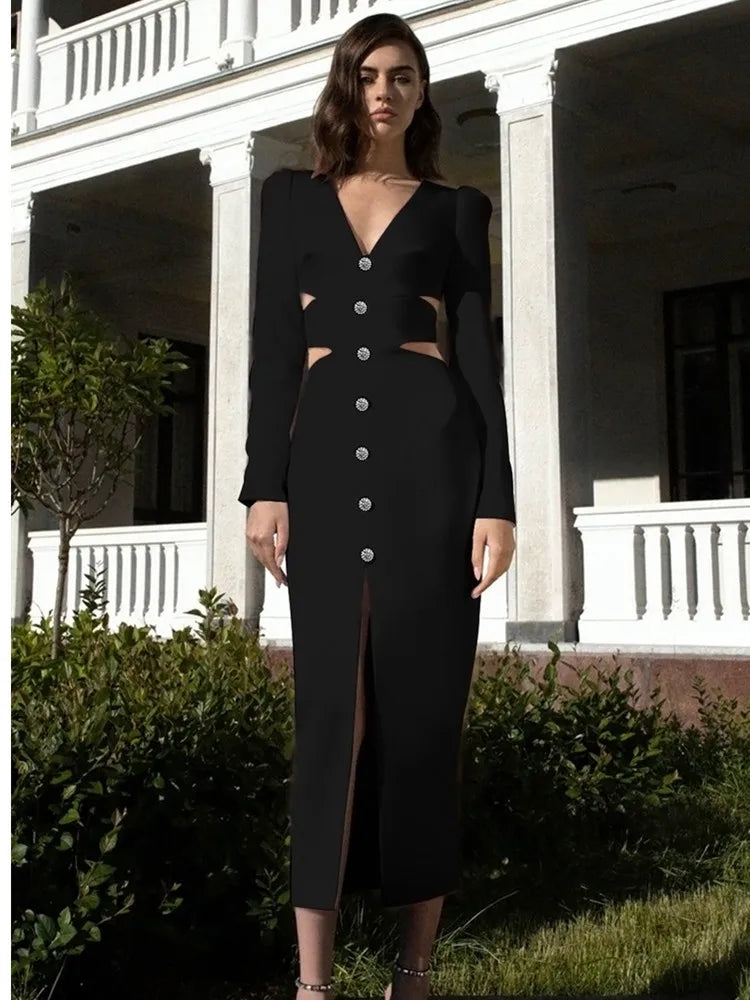 Women Winter Bandage Dress 2022 Sexy V Neck Long Sleeve Cut Out White Diamonds Midi Elegant Evening Party Club Dress Vestidos