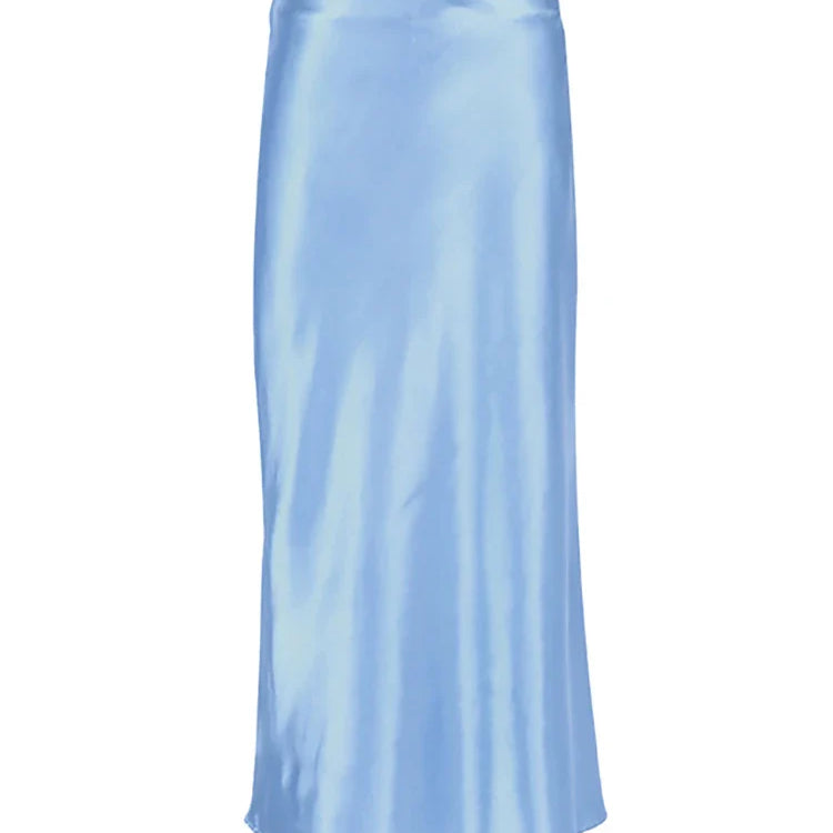 Mnealways18 Solid Purple Satin Silk Skirt Women High Waisted Summer Long Skirt New Elegant Ladies Office Skirts Midi Spring Blue