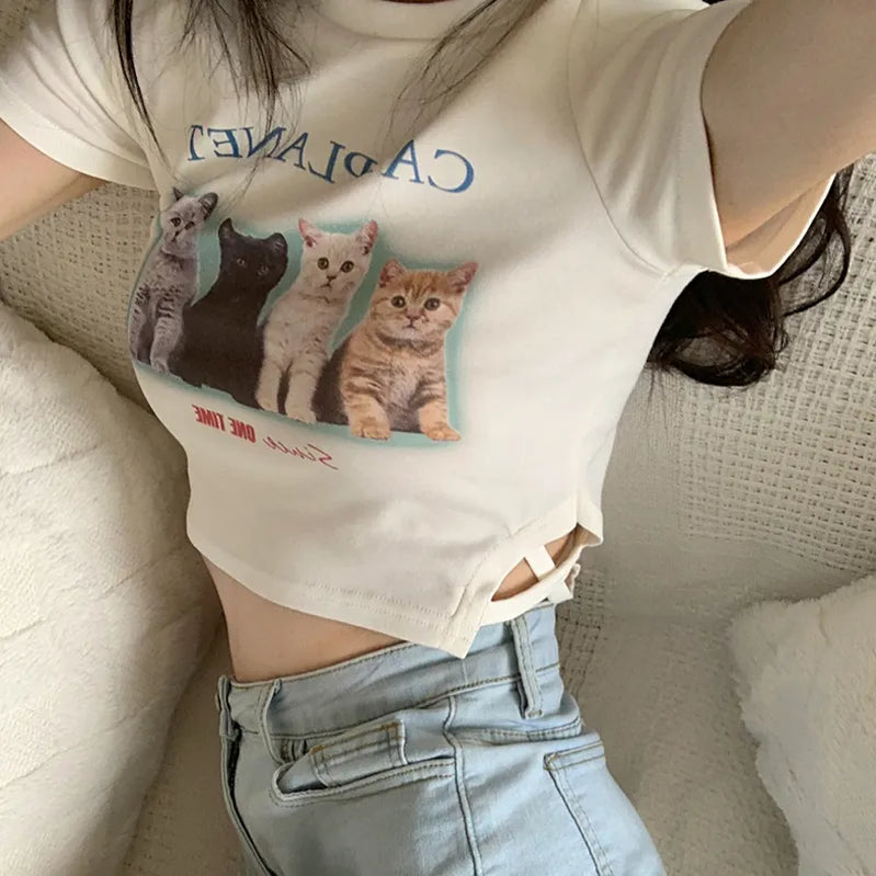 Women Short Sleeve Crop Tops Cat Print Crew Neck Slim Fit T-Shirts Summer Casual Exposed Navel Shirts Streetwear