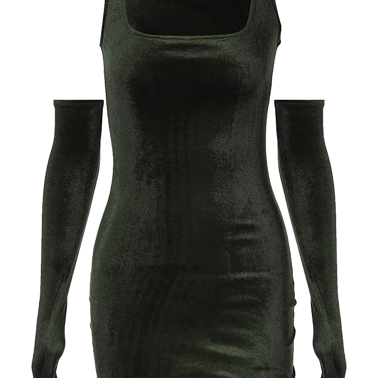 Velvet Solid Pure Color Long Sleeves With Gloves Mini Dress Summer Women Sexy Wholesale Body-Shaping Clubwear