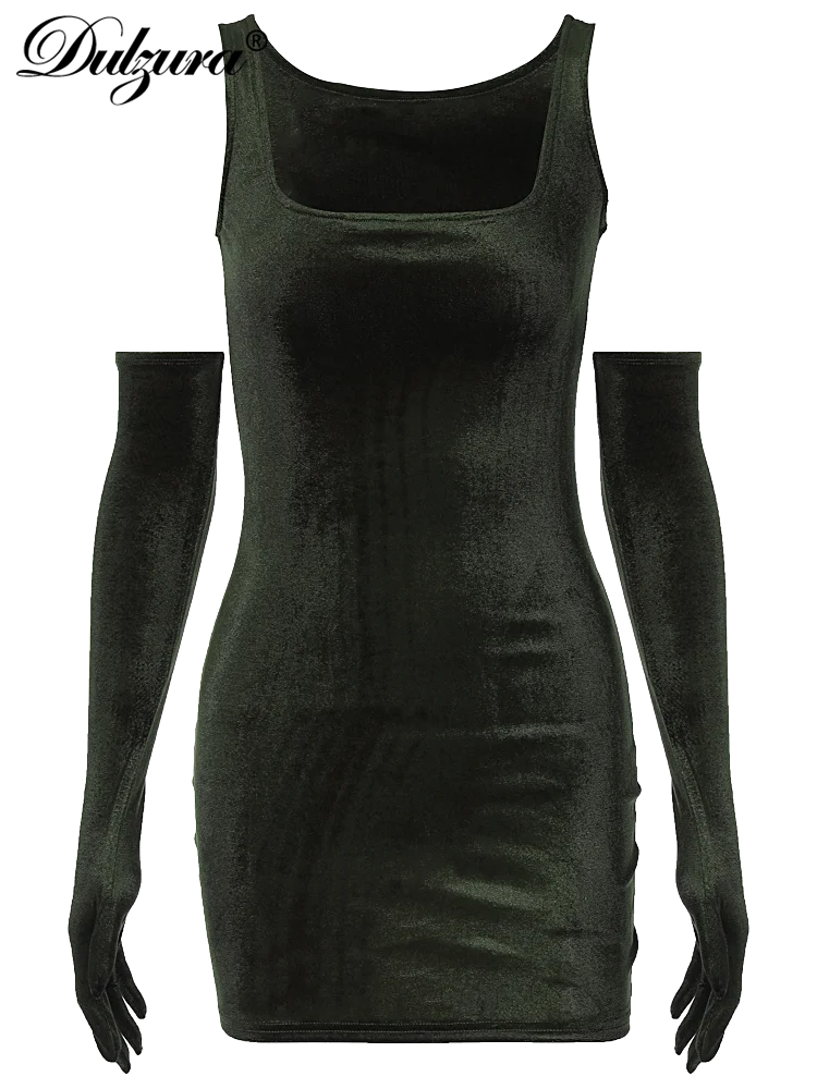 Velvet Solid Pure Color Long Sleeves With Gloves Mini Dress Summer Women Sexy Wholesale Body-Shaping Clubwear