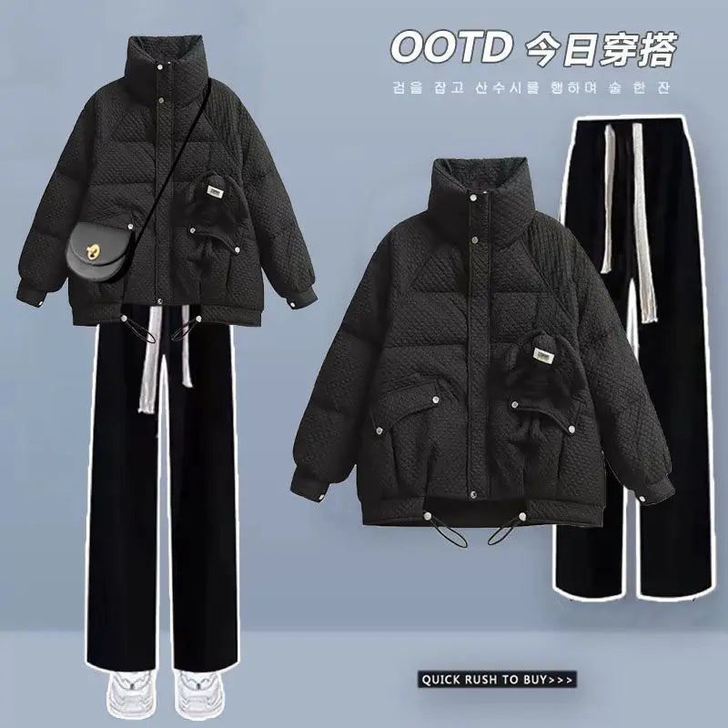 Korean Style Loose and Thickened Cotton Jacket Price Casual Wide Leg Pants Two-piece Elegant Women's Pants Set Winter Outfits black set