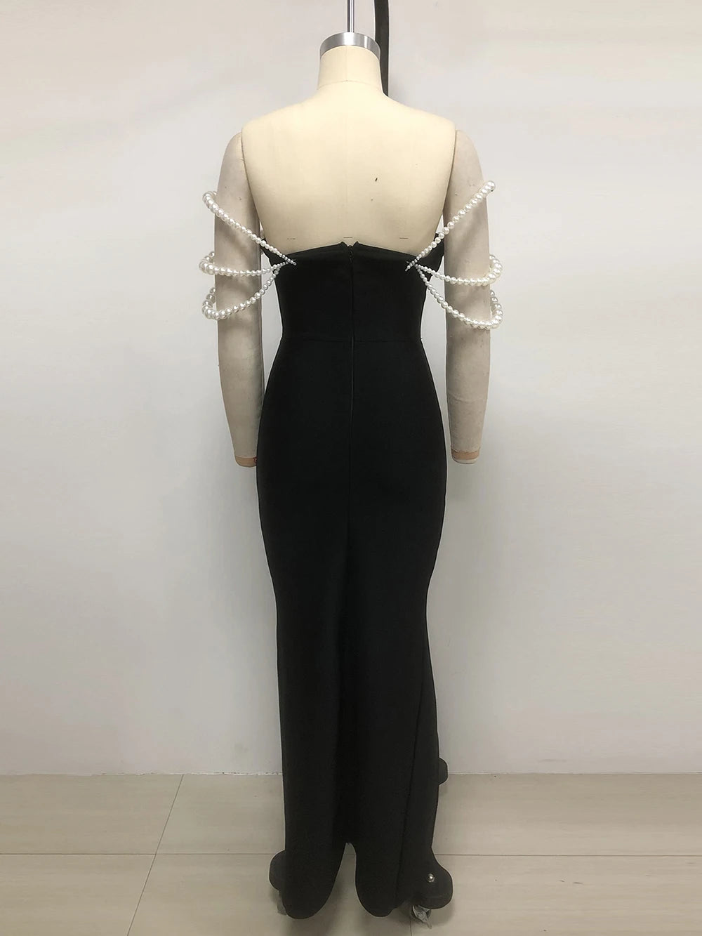 Women Sexy Black Pearl bead Maxi Long Bodycon Bandage Dress 2025 Celebrity Elegant Evening Club Party Luxury Birthday Gowns