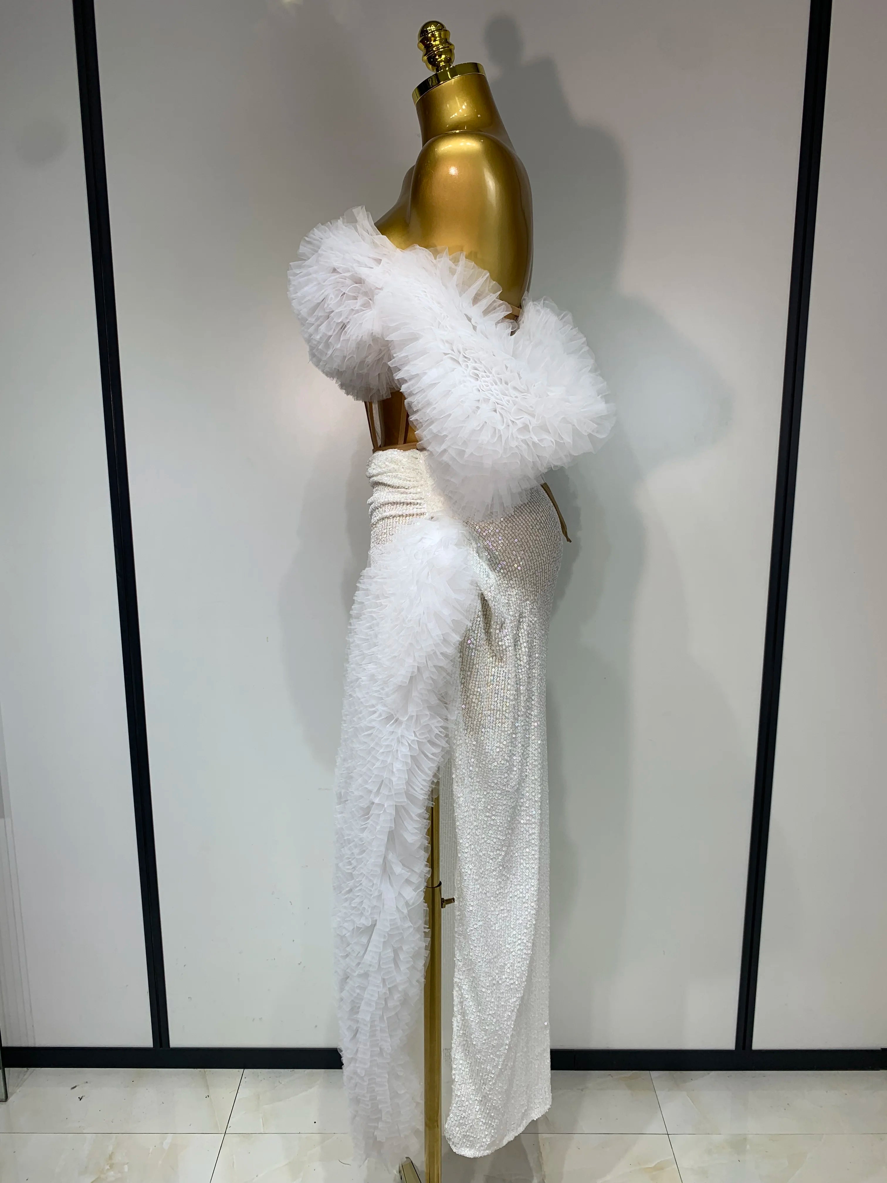 Women Elegant Sparkly Sequins Top Long Skirt Two Pieces Set Evening Party Luxury Birthday Nightclub Singer Dancer Stage Outfit