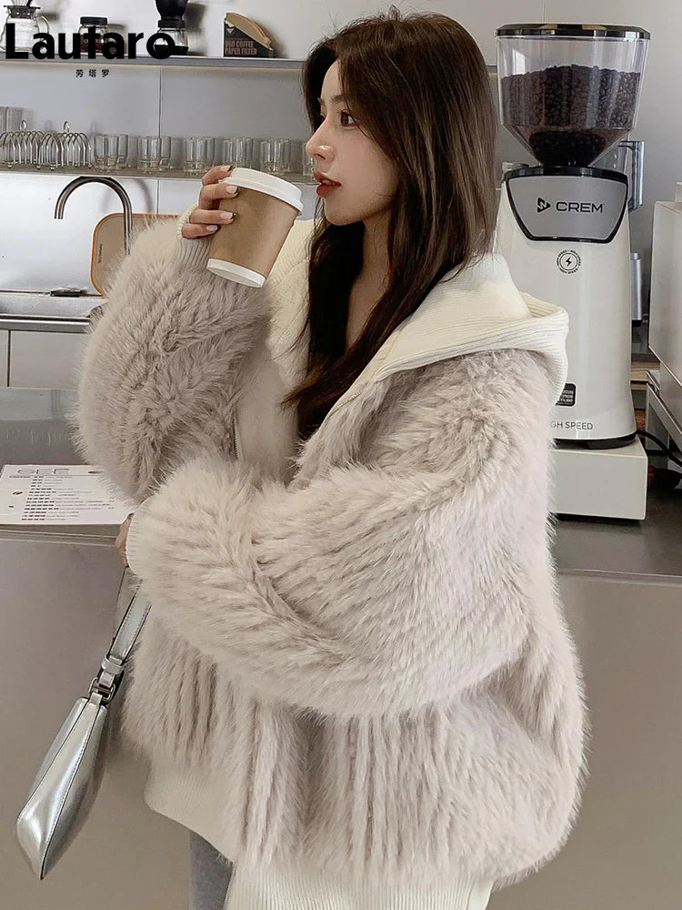 Autumn Winter Loose Casual Hairy Shaggy Soft Warm Faux Fur Coat Women with Hood Long Sleeve Zipper Korean Fashion 2022