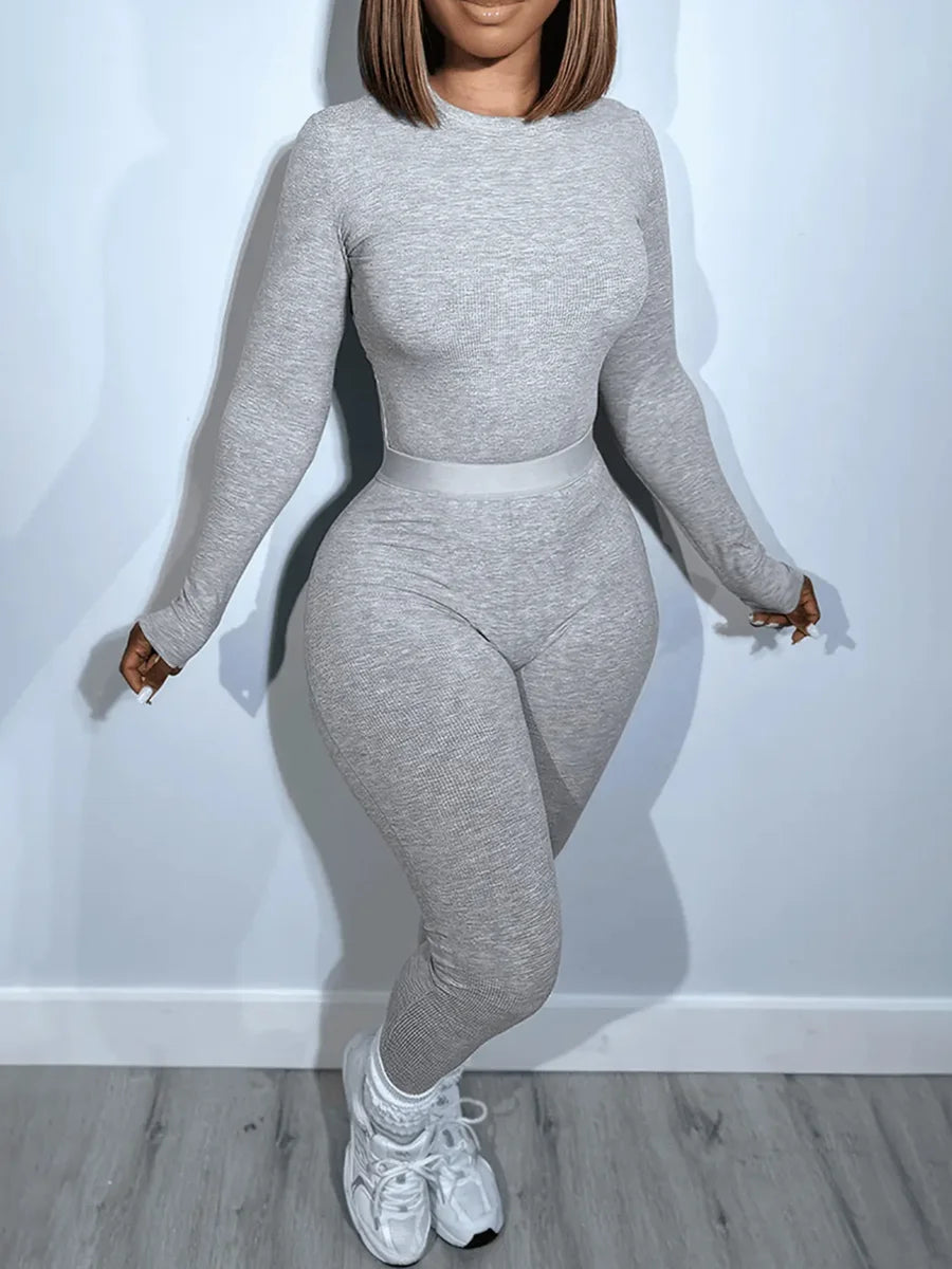 LW Plus Size casual Two pieces sets solid long sleeve Round Neck Top + Skinny Pants Set Autumn sport women's clothing pants sets