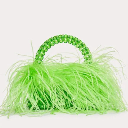 Pearl Bead Bag With Ostrich Feather Fur Designer Brand Clear Acrylic Crystal Stone Box Tote Handbag Women Handmade Party Purse green
