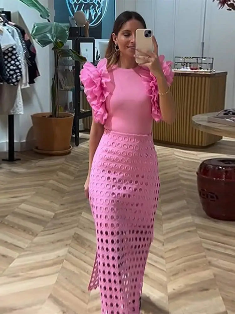 Women Elegant Pink Spliced Pleated Lace Midi Dress Chic Round Neck Sleeveless Hollow Out Robe New Lady Party Slim Vestidos