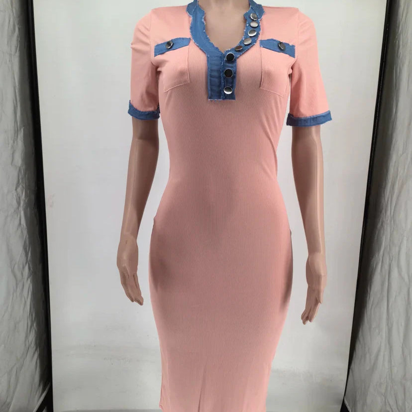 CM.YAYA Women Button Front Denim Splicing V-neck Short Sleeve Midi Dress 2024 Summer Sexy Club Street Party Dresses Vestidos