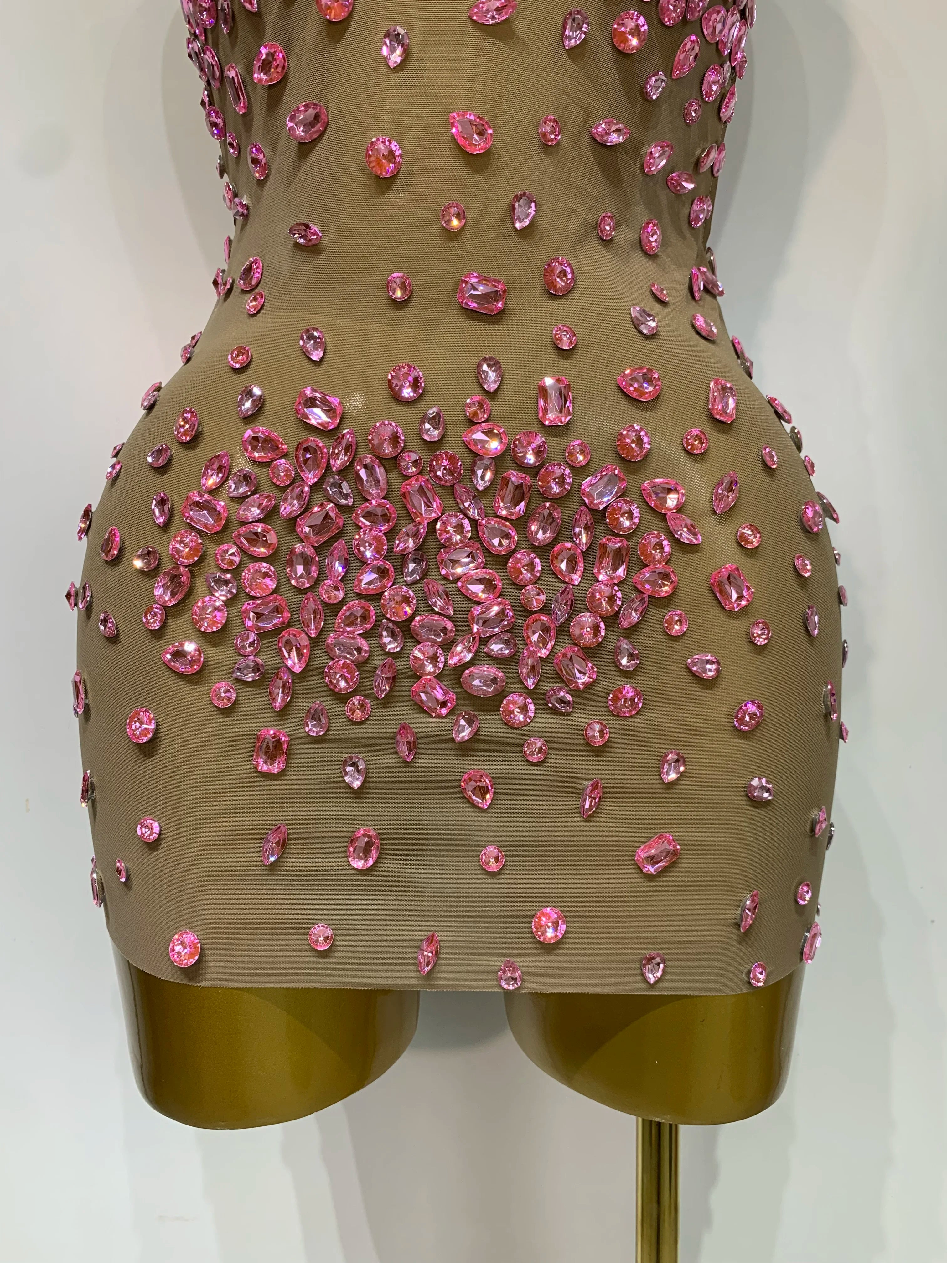 Luxury Rhinestones Backless Mini Dress Women Sexy Mesh Transparent Celebrate Evening Birthday Photo Shoot Perform Stage Outfit