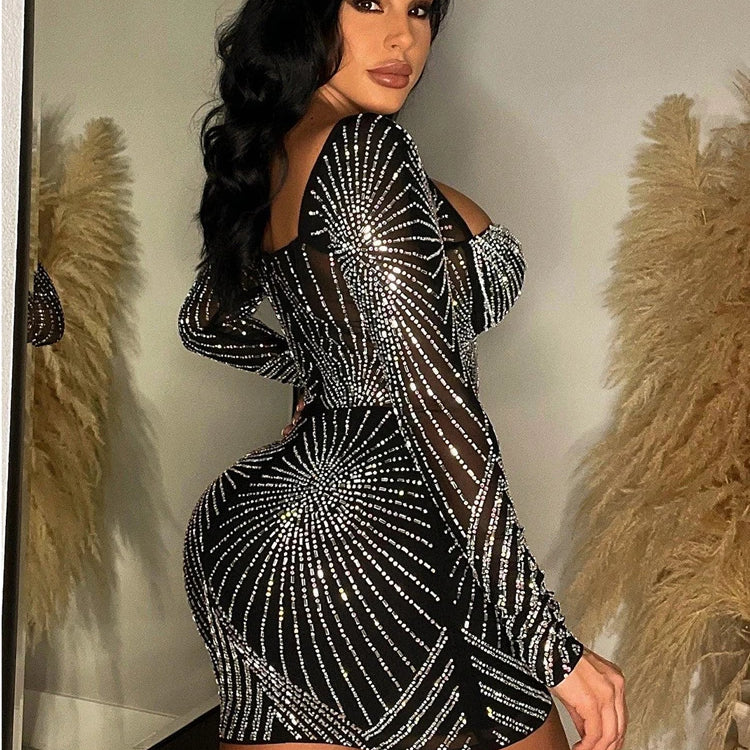 Luxury Geometric Black Rhinestone Short Party Dresses Robe Femme Women Elegant Sequin Bodycon Night Dress Sexy Clubwear