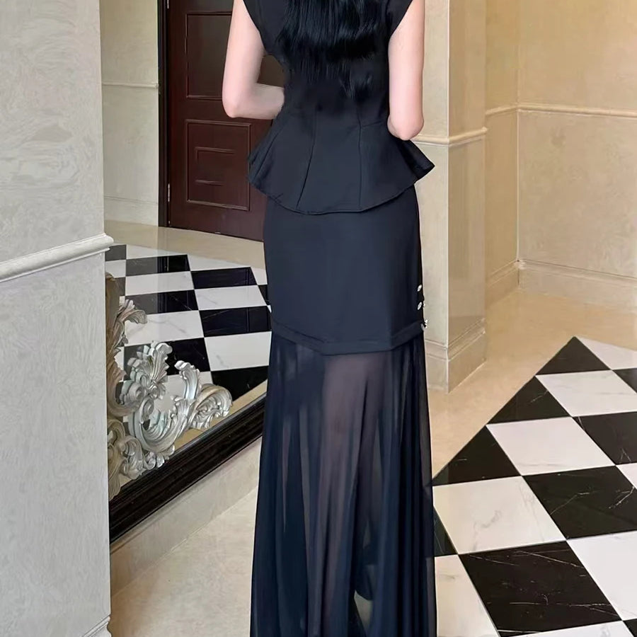 TWOTWINSTYLE Solid Two Piece Sets for Women Round Neck Sleeveless Patchwork Sequin Vest High Waist Sheer Skirt Set Female New