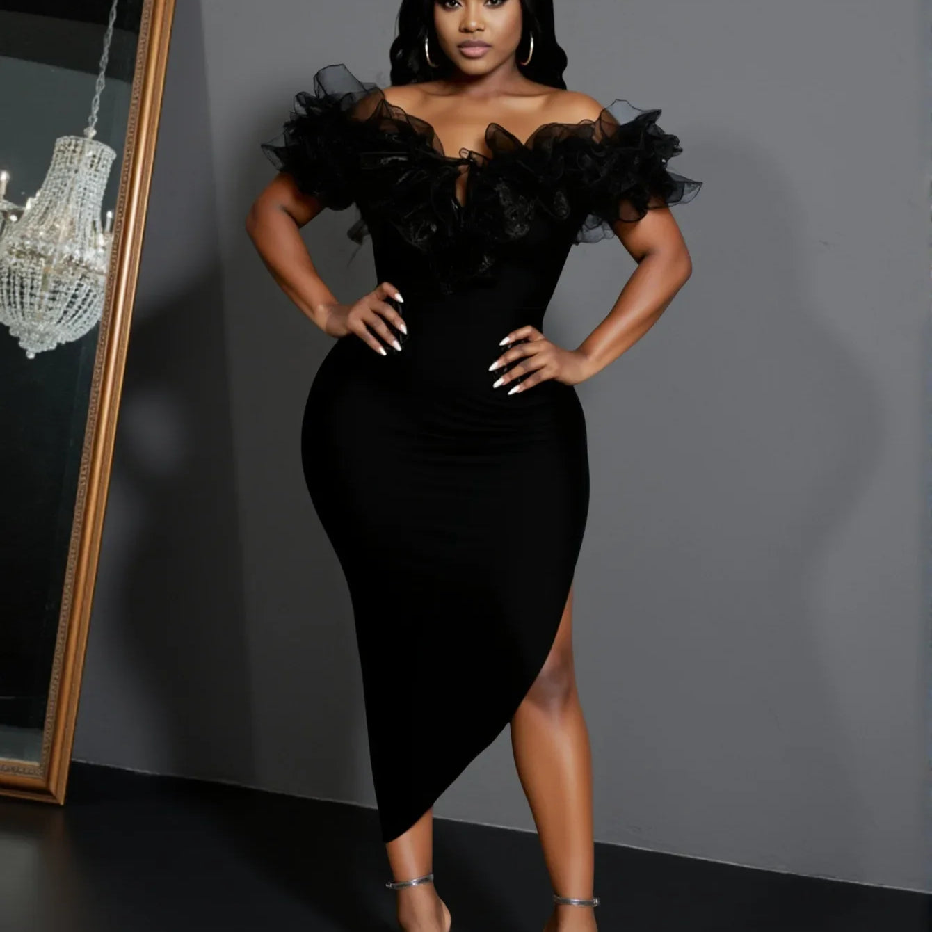 Women Slash Neck Ruffles Bodycon Bandage Mid-calf Dress Celebrate Nightclub Party Birthday Outfit Wholesale