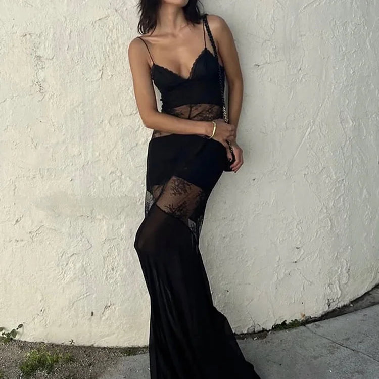 Lace See Through Sling Maxi Dress Women Sexy Slim Black Backless Sleeveless Long Dresses Female Summer Chic Party Evening Robes
