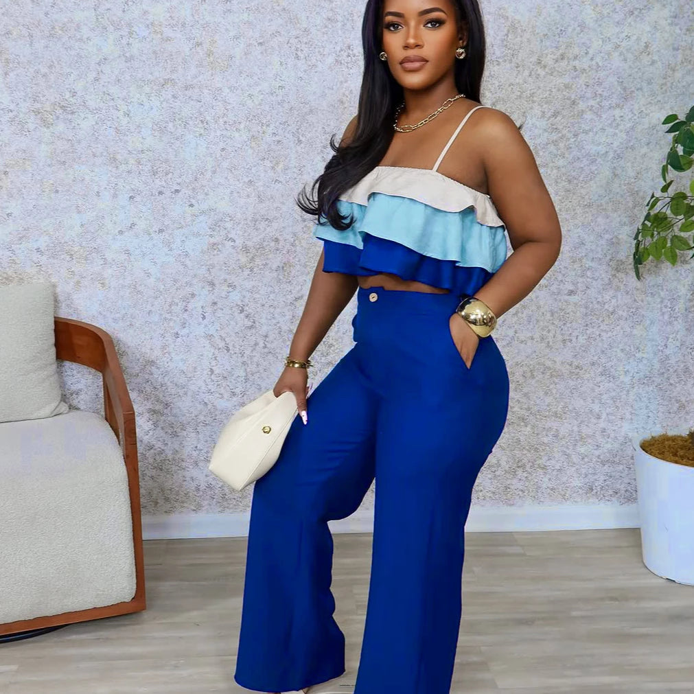 CM.YAYA Fashion Party Women's Set Patchwork Cascading Ruffles Strap Crop Top and Wide Leg Suit 2025 Chic Two 2 Piece Sets Outfit
