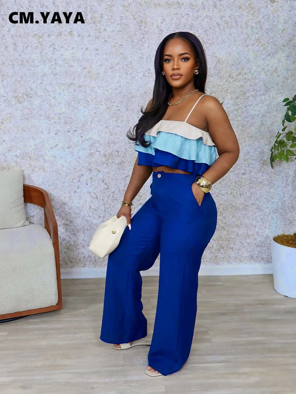 CM.YAYA Fashion Party Women's Set Patchwork Cascading Ruffles Strap Crop Top and Wide Leg Suit 2025 Chic Two 2 Piece Sets Outfit