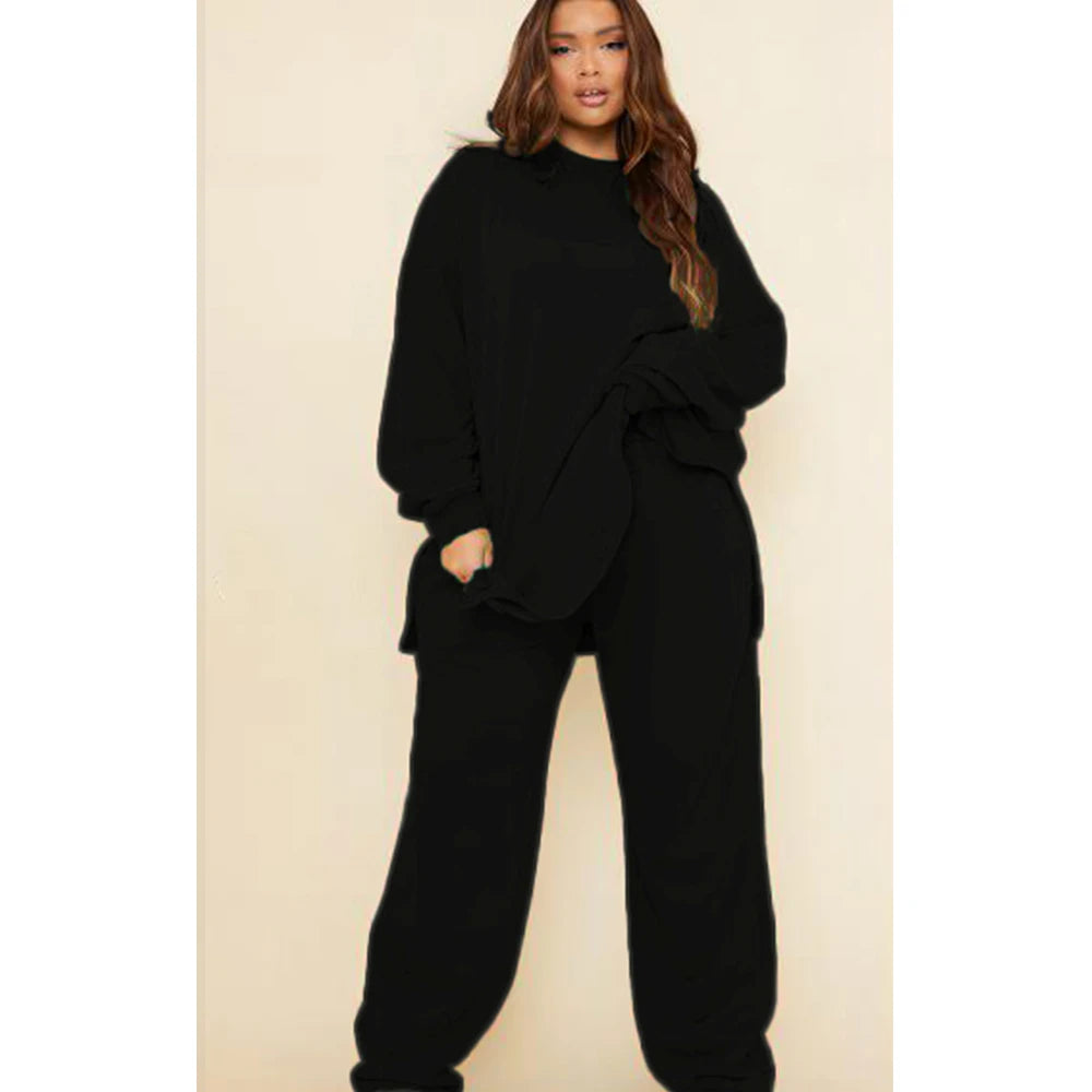 Women's Plus Size Casual Sport Matching Set Cargo Pant and Long Hooded Round Neck Two Piece Set Solid Leisure Loose Outfit Set