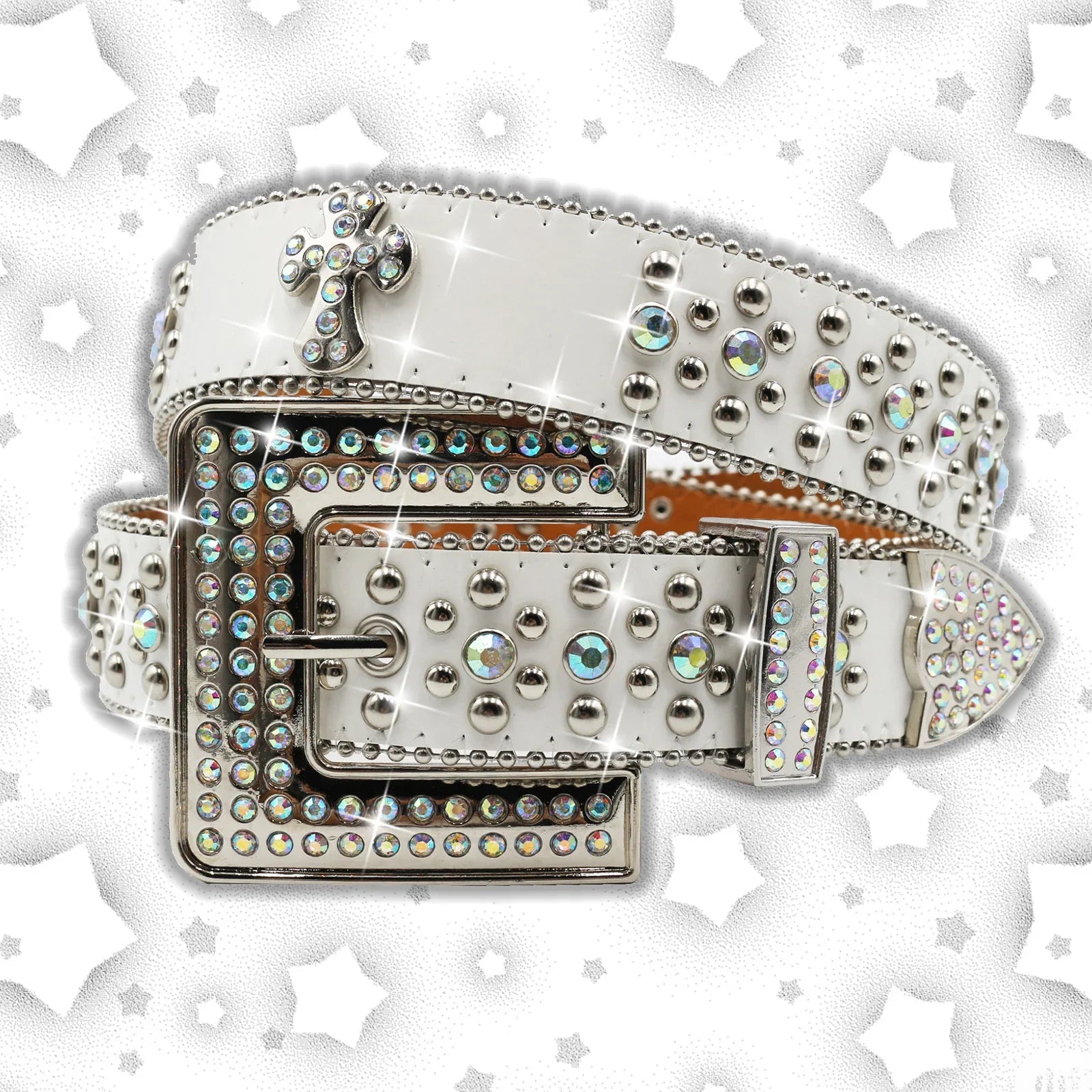 Vintage Dark Rhinestone Rivet Belt for Women Sequin Punk Hip Hop Jeans Accessories Luxury Designer bb Belt Beautiful FK-Cross-White