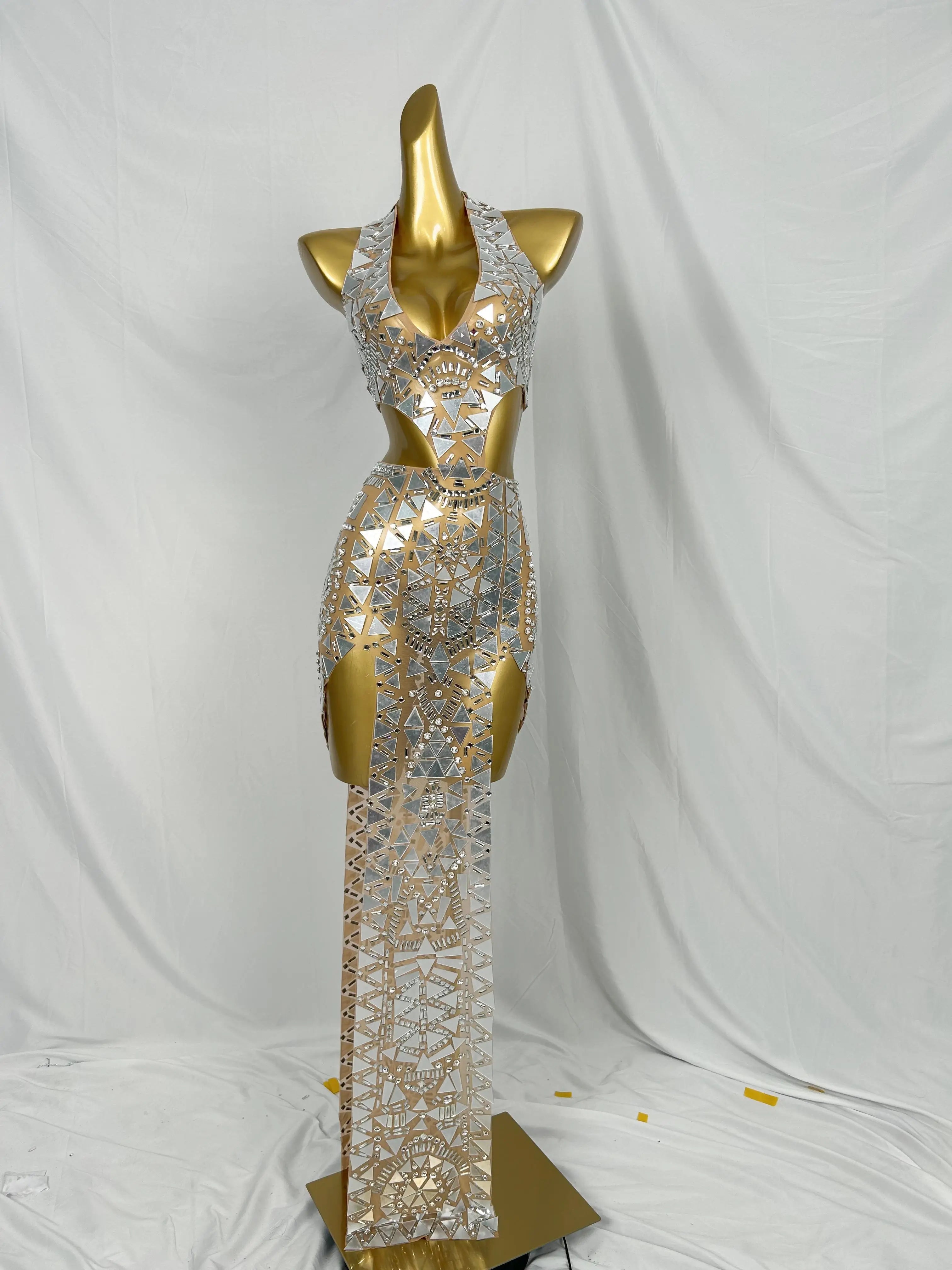 Flashing Mirror Silver  Asymmetrical Long Dress Prom Celebrity Evening Party Birthday Gown Female Singer Stage Show Wear Baiwei