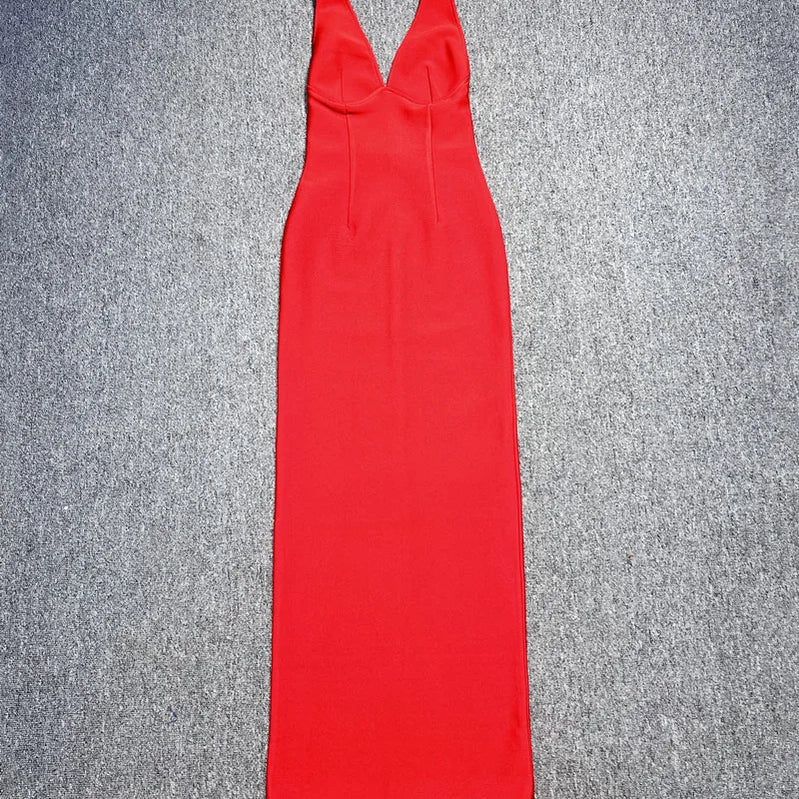 Red Color Women Sleeveless V-Neck Backless Bodycon Long Bandage Dress Celebrate Evening Party Birthday Outfit Vestido