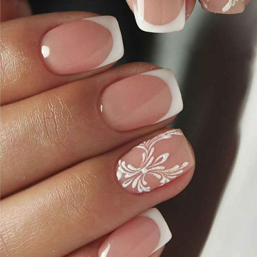 24Pcs Minimalist White French False Nails Nude Color Short Square Press On Nails Fairy Flower Printed Full Cover Fake Nails Art